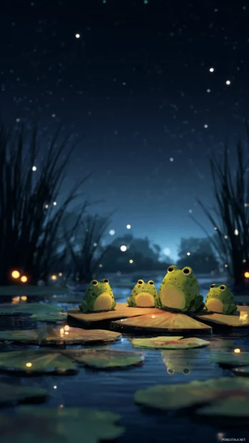 Cute frogs wallpaper mobile version capturing a group of tiny frogs singing on lily pads under moonlit sky.