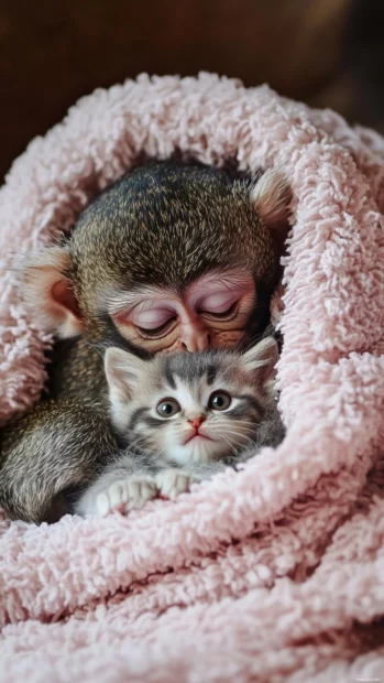Cute monkey cuddling up with a kitten under a soft pink blanket.
