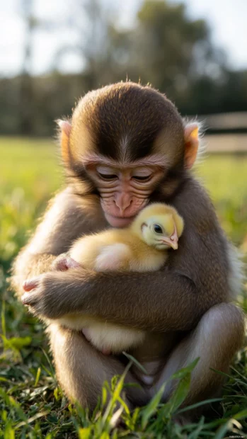 Cute monkey gently holding a baby chick close to its chest on a farm.