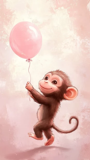 Cute monkey holding a tiny balloon floating gently in the breeze.