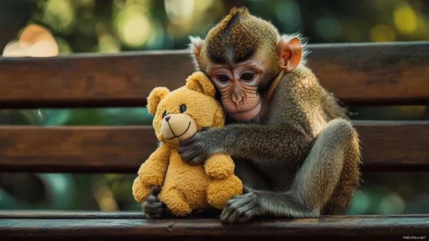 Cute monkey hugging a plush toy while sitting quietly on a wooden bench.
