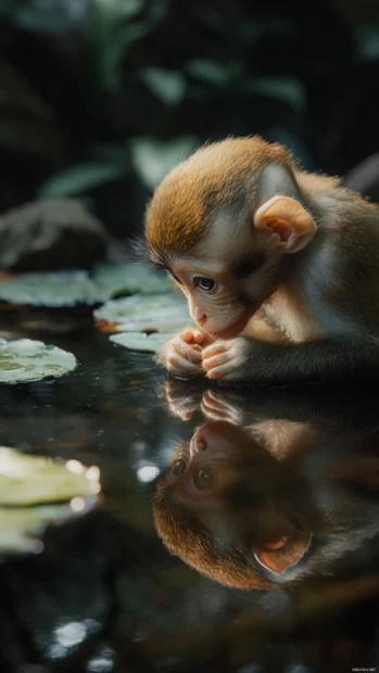 Cute monkey looking at its reflection in a small pond with wonder.