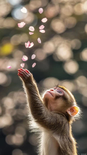 Cute monkey reaching out to catch falling cherry blossom petals.
