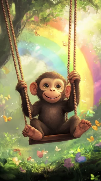 Cute monkey sitting in a swing under a rainbow smiling brightly.