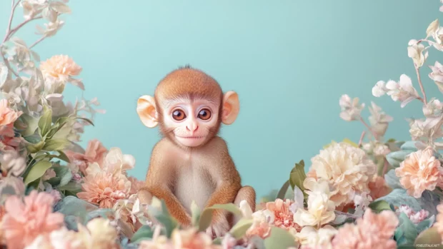 Cute monkey sitting with a tiny smile on a soft pastel background surrounded by flowers.