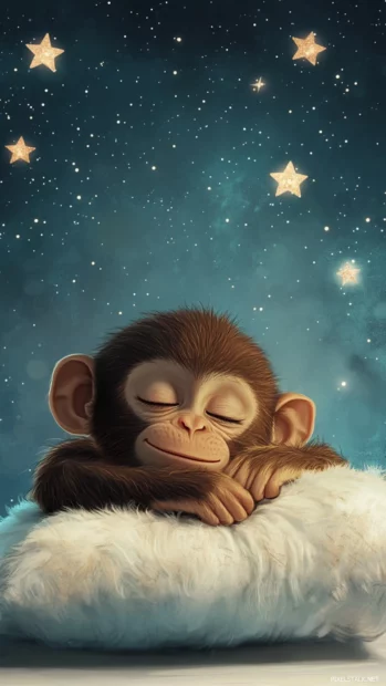 Cute monkey sleeping peacefully on a fluffy pillow with stars overhead.
