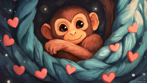 Cute monkey snuggling inside a cozy blanket surrounded by small hearts.