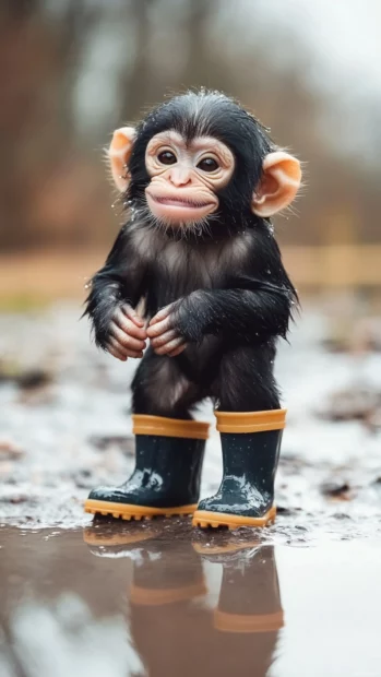 Cute monkey standing in a puddle wearing tiny rain boots and smiling.