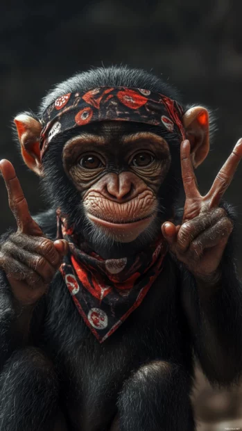 Cute monkey wearing a bandana making a rock sign with both hands.