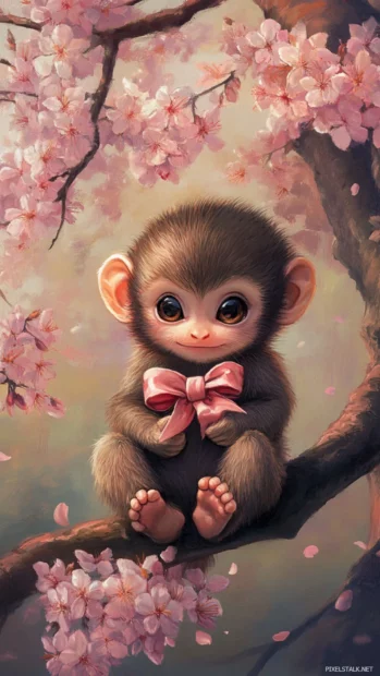 Cute monkey wearing a little bow sitting under a cherry blossom tree.