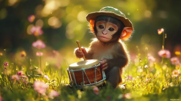 Cute monkey wearing a tiny hat and holding a toy drum in the middle of a meadow.