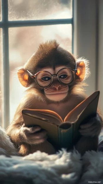 Cute monkey wearing tiny glasses reading a small book by a window.