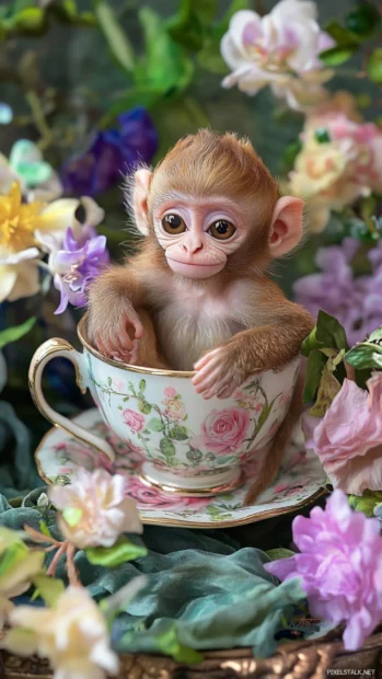 Cute monkey with a gentle grin sitting inside a teacup surrounded by flowers.