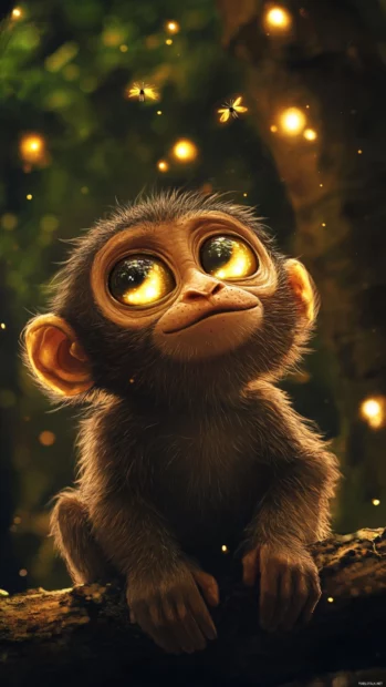Cute monkey with wide eyes watching glowing fireflies at dusk.