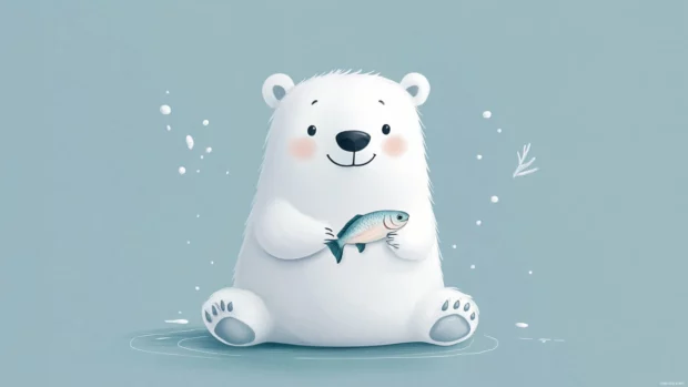 Cute polar bear wallpaper with a smiling polar bear holding a small fish in its paws on a pastel blue background.