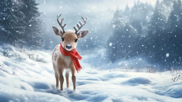 Cute reindeer wallpaper featuring a baby reindeer with a red scarf in a snowy landscape.