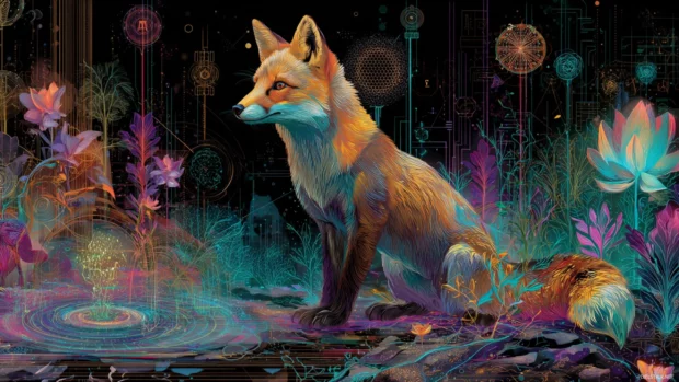 Cybernetic Fox surrounded by holograms and digital flora, vibrant color palette, tech fantasy fusion, highly detailed.