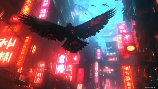 Cyberpunk eagle wallpaper with neon accents, flying above a city filled with glowing signs.