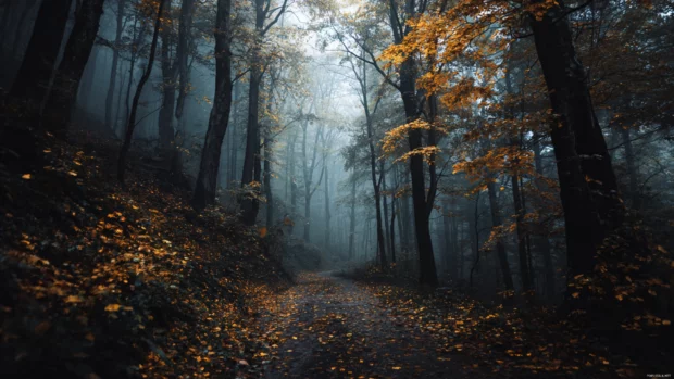 Dark Fall forest with misty pathways, golden leaves scattered under dark skies, mysterious mood.