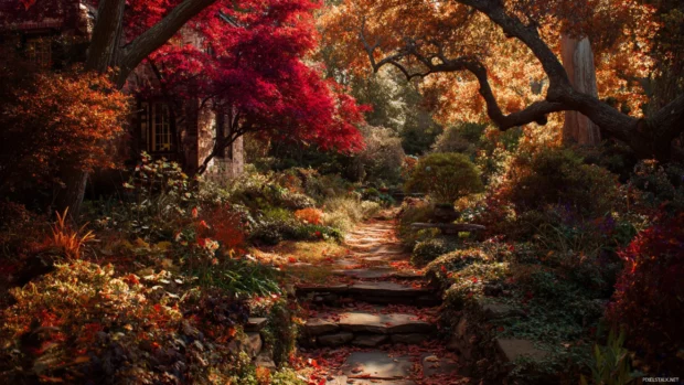 Dark Fall garden with richly colored leaves, overgrown pathways, and low afternoon sunlight.