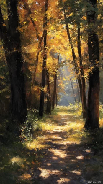 Dark Fall path lined with tall trees in full seasonal color, shadows playing across the ground, soft golden light.