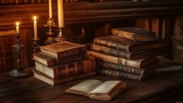 Dark academia book wallpaper of an old desk, antique books, candlelight, and rich brown tones.