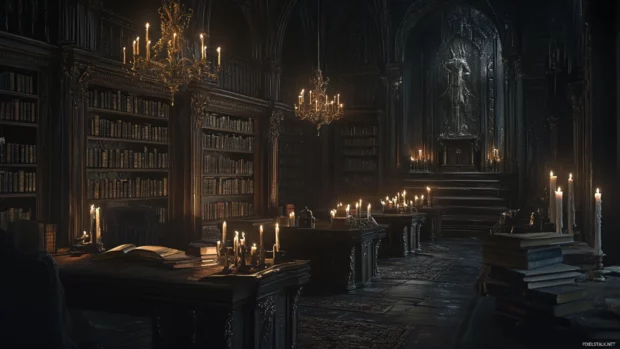 Dark academia book wallpaper showing candle lit study tables, old books, and gothic decor.