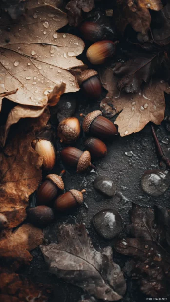 Dark fall backgrounds mobile style featuring fallen acorns and leaves on damp ground beneath autumn canopy.