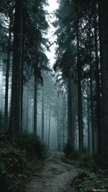 Dark fall forest path wallpaper for iPhone with narrow path vanishing into thick fog and towering dark trunks.