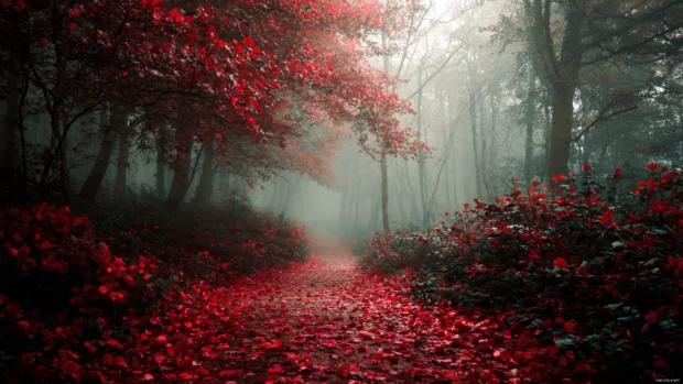 Dark fall wallpaper capturing a moody woodland path carpeted with crimson leaves under low fog.