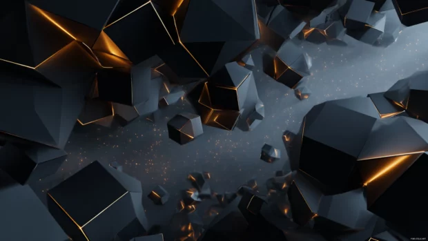 Dark geometric desktop wallpaper depicting floating polygons emerging from black void with moody lighting.