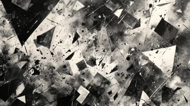 Deconstructed Black and White Geometric figures scattered across the canvas like shattered glass.