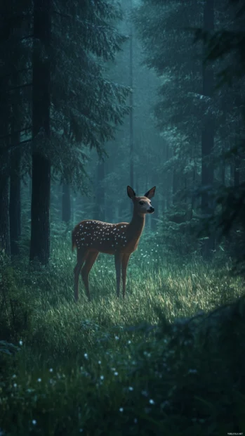 Deer in a quiet forest clearing at dusk.