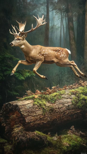 Deer leaping over a mossy log.