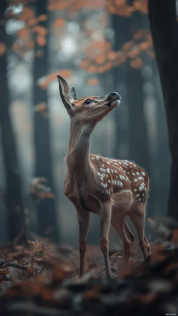 Deer looking up in a dreamy woodland.