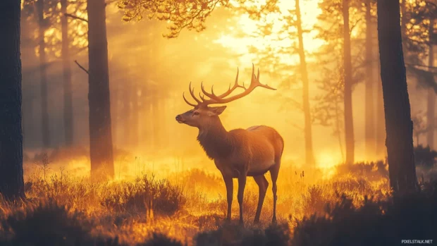 Deer standing gracefully in a misty forest during sunrise.
