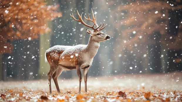 Deer standing still as snowflakes gently fall.
