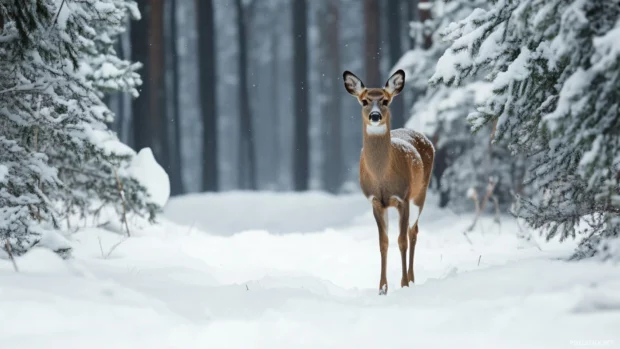 Deer wandering through a snow covered pine forest.