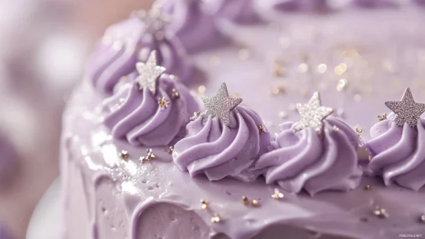 Delicate Birthday Cake with lavender glaze and silver stars.