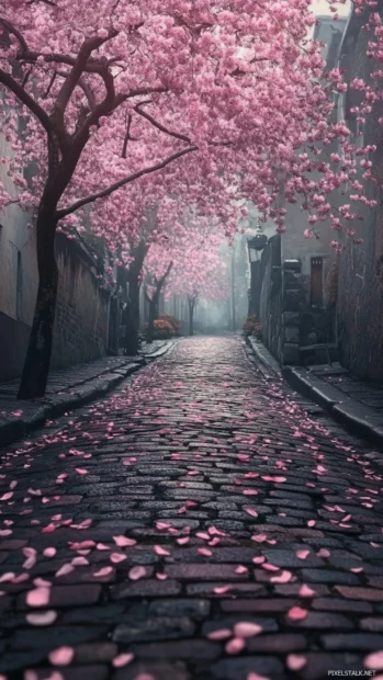 Delicate Japanese cherry blossom wallpaper with petals scattered on cobblestone streets.