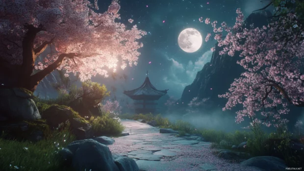 Delicate cherry blossoms drift across a moonlit garden where the faraway cosmos sparkles between the branches.