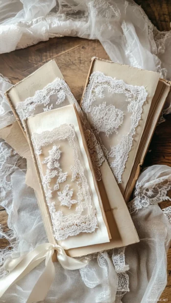 Delicate lace and ribbon bookmarks marking pages for an aesthetic book lover.