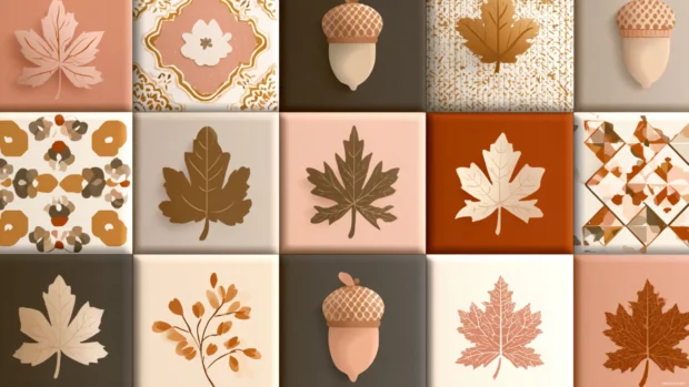 Delicate preppy Fall tiles with repeating acorn and maple leaf patterns in warm earthy colors.