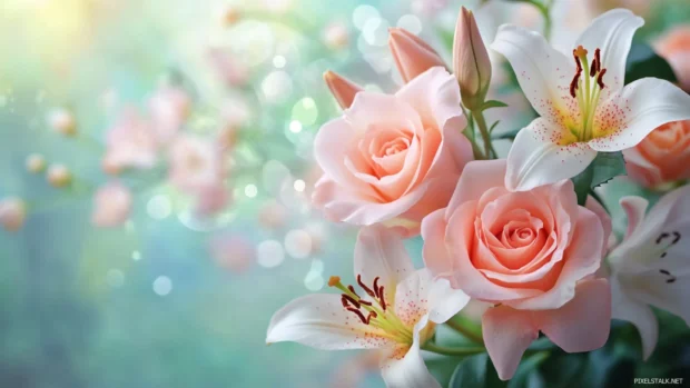 Delicate roses and lily blooms form a floral birthday wallpaper with a gentle celebratory spirit.