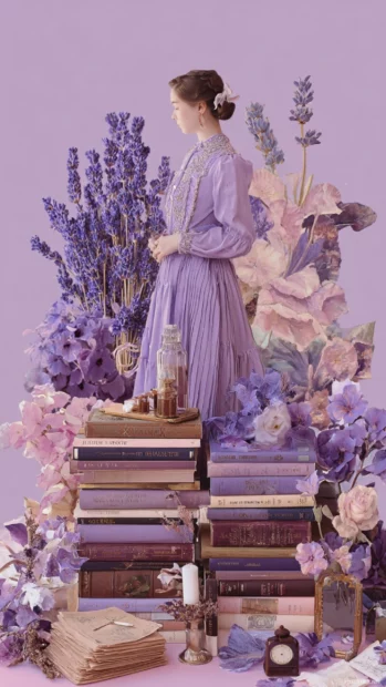 Delicate vertical collage with aesthetic lavender fashion, books and dreamy moments.