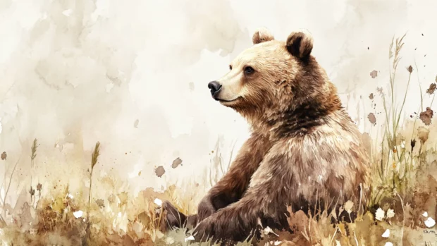 Delicately painted in soft hues, this watercolor brown bear sits peacefully in a meadow, perfect for a brown bear wallpaper in watercolor painting.