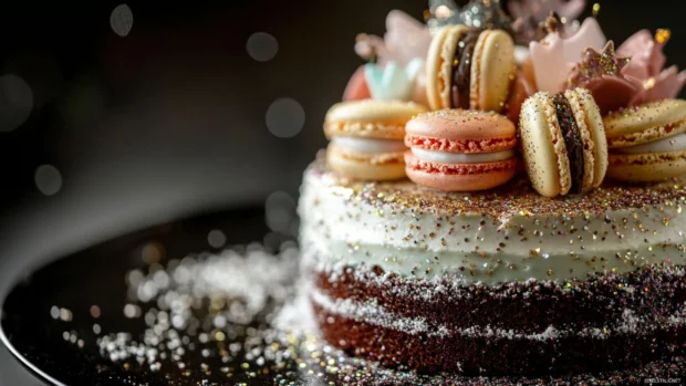 Delicious Birthday Cake topped with macarons and edible glitter.