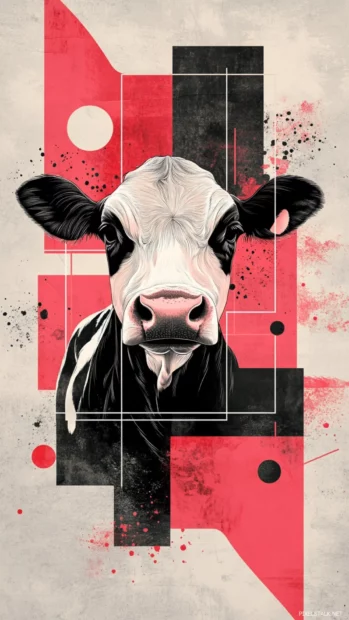 Design a chic mobile wallpaper pairing pink cow print fashion with geometric patterns and subtle shading.
