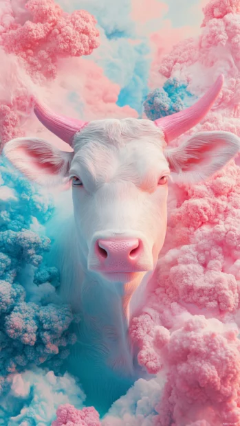 Design a dreamy lock screen blending stylish pink cow wallpaper with airy pastel layers.