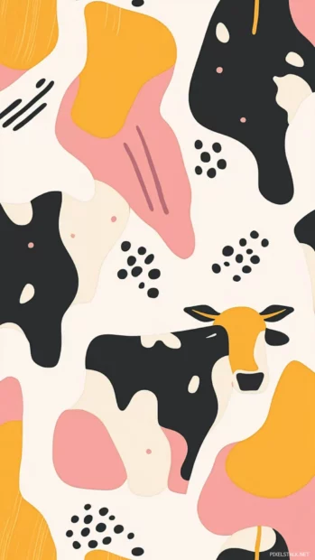Design a playful mobile background with bold cow pattern design featuring soft pastel blends and quirky lines.
